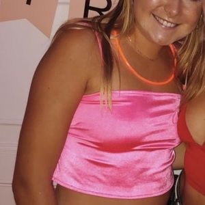 Pink shiny open back crop top